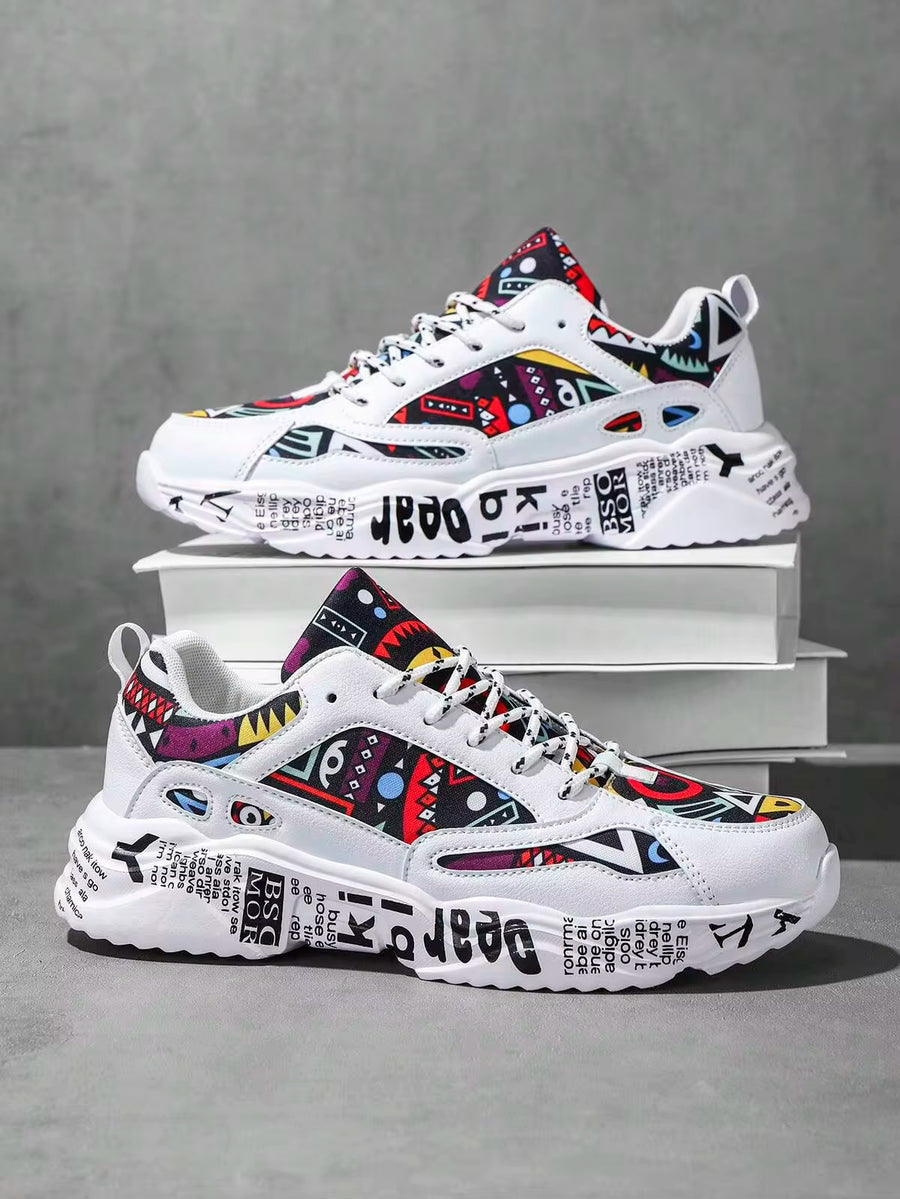 Men's White Graffiti Pattern Lace-Up Comfortable Round Toe Versatile Campus Casual Sports Sneakers, Suitable For Jeans Active Wear