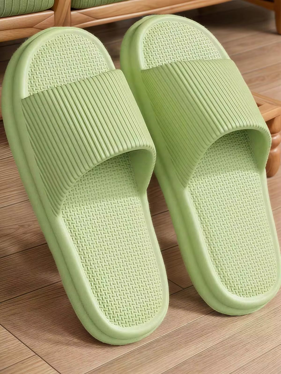 Ins Japanese Style New Fashionable Versatile Comfortable Soft Striped Green Thick Sole Anti-Slip Anti-Odor EVA Slipper For Women, Indoor/Bathroom,Beach Outfits