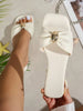 Women's Bow Metal Decor Straw Woven Flat Sandals, Comfortable Minimalist Style For Vacation, Beach, Home, Daily Wear, White Open Toe Slippers