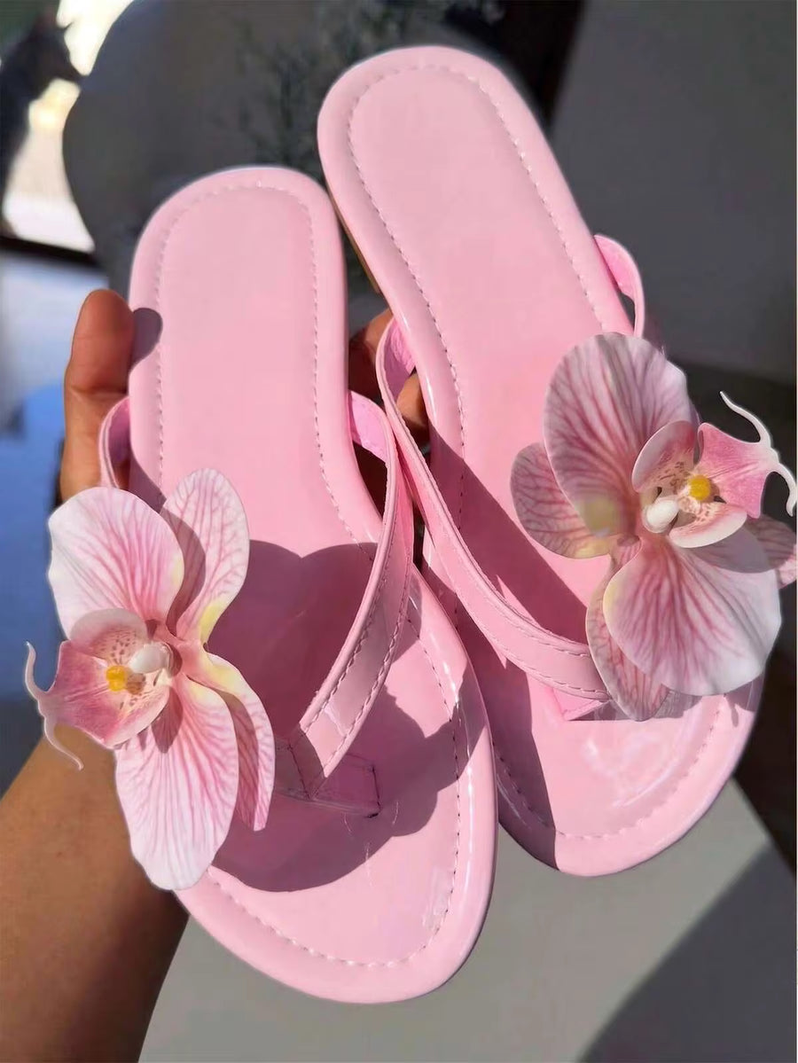 planare New Women's Fashion Summer Minimalist Striped Slip-On Flat Sandals, Pink With 3D Floral Decor, Suitable For Daily, Vacation, Date, Commute And Other Occasions,Beach Shoes